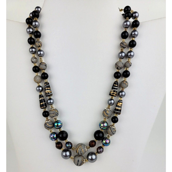 Necklace 2 Strand Black Gray Silver Design Beaded Vintage Marked Japan 13 15 in - Picture 1 of 11